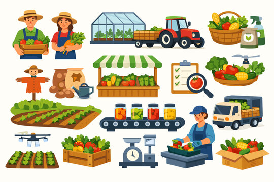 Comprehensive Vegetable Industry and Agriculture Vector Illustration Set Featuring Farmers, Greenhouse, Tractor, Market Stall, Crop Fields, Drone Technology, Food Processing, and Fresh Produce.