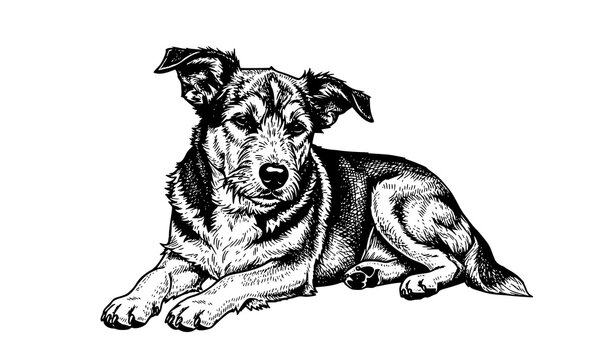 Vintage dog lying engraving ink style vector illustration