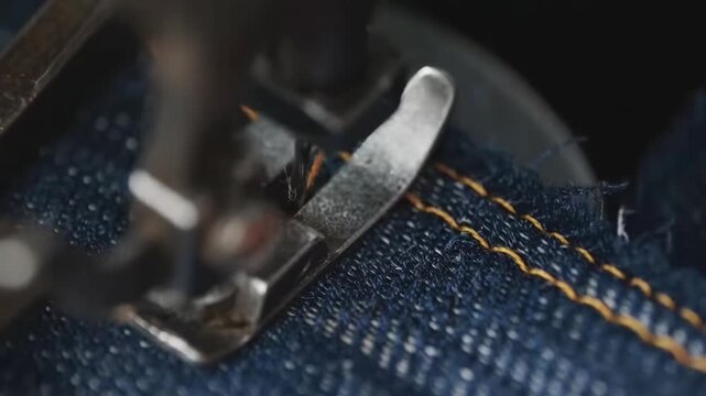 Close-up video of a sewing machine stitching denim fabric, capturing intricate details.