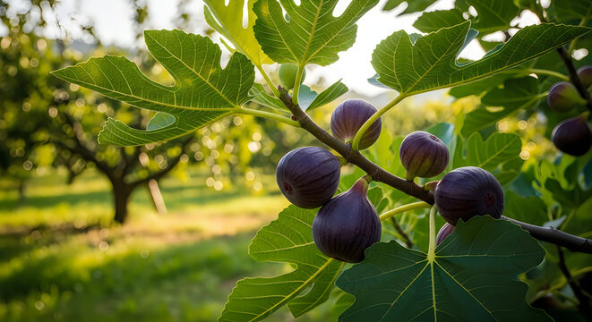 A lush fig tree branch with ripe purple figs in a serene orchard setting