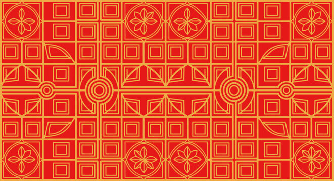 Traditional Chinese New Year card background features a seamless geometric pattern with vintage oriental ornaments and textile textures for a retro style vector illustration backdrop
