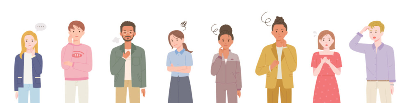 Diverse people looking confused and thoughtful with question marks.