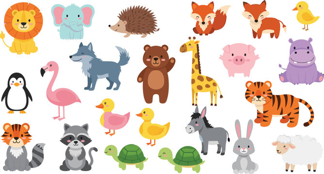 Cute cartoon wild and domestic animals collection featuring lion elephant giraffe tiger bear fox penguin flamingo and rabbit vector illustration set