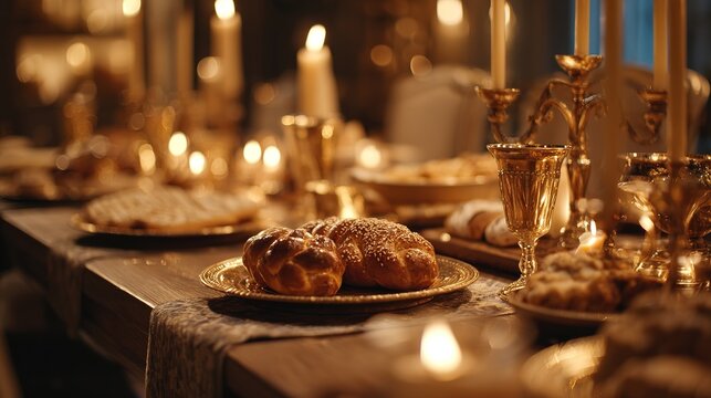 Warm Golden Candlelight Seder Celebration at Passover Feast Glowing Atmosphere Table Setting Intimate Environment Family Gathering Tradition and Togetherness