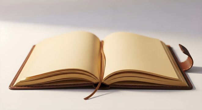 Open leather notebook with bookmark and blank pages