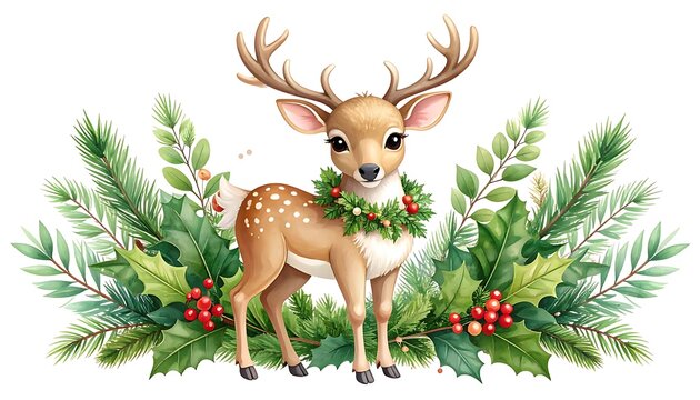 A festive deer with a green wreath around its neck