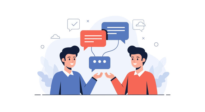Two men talking with speech bubbles, communication concept, vector illustration