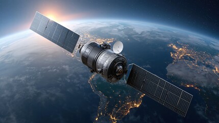 Naklejka premium Orbital satellite with solar panels illuminates Earth's night side with city lights