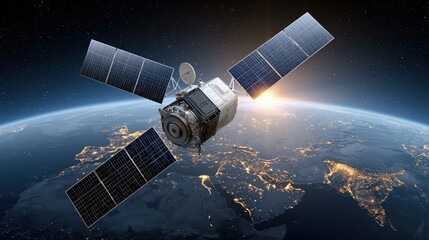 Fototapeta premium Satellite orbiting Earth with solar panels illuminated by the sun