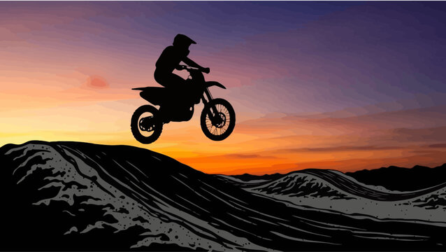 Motocross rider silhouette jumping over a dirt ramp at sunset