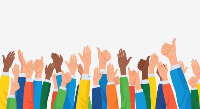 Diverse hands raised in agreement.