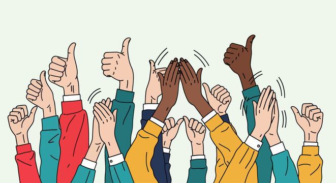 Diverse hands giving thumbs up gesture.
