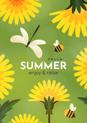 Naklejka premium Summer flat poster with dandelions, dragonfly and bee