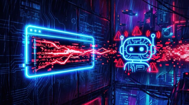 Digital Threat Protection Concept Showing Prompt Injection Attack With Bright Neon Visuals Related to AI and Cybersecurity