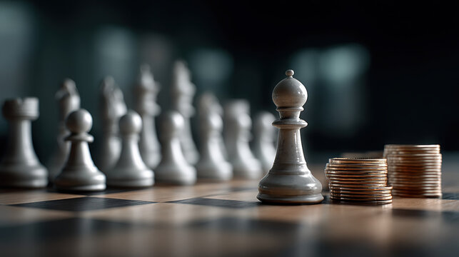 Chess piece coin strategy investment growth finance planning success business concept. Chess piece and stacked coins symbolize investment strategy