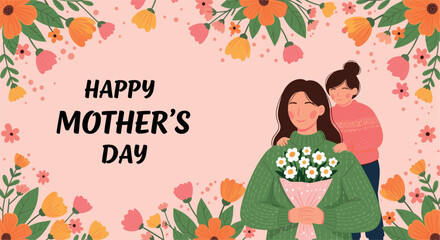 Happy Mother’s Day greeting card with daughter hugging mom holding flowers floral frame love family flat vector illustration © Jesika!