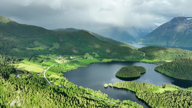 Aerial shot of the amazing landscapes along the coast of Norway