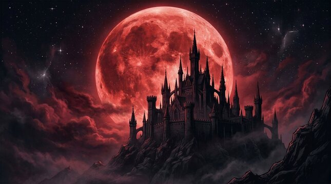 Gothic dark castle on rocky mountain peak under massive blood red full moon with mystical clouds and starry night sky background illustrating epic fantasy horror and vampire lair concept
