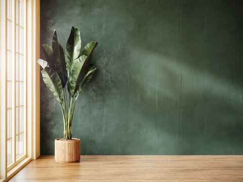 Interior with potted palm plant and empty green wall background. Modern interior with copy space. 3D Rendering, 3D Illustration