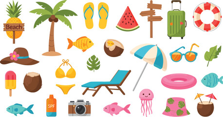 Tropical summer beach vacation collection featuring palm tree coconut watermelon fish bikini sunglasses umbrella and travel items vector illustration set © Shefali