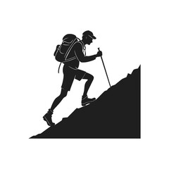 Fototapeta premium Black silhouette of a hiker climbing a rugged mountain peak isolated on white background adventure concept