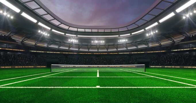 Grass tennis court at a sports arena with shining spotlights and fans ready for the upcoming grand sporting event. Loopable professional sports advertisement video background.