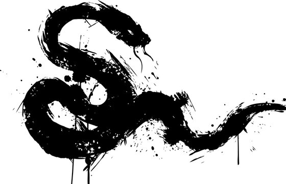 Abstract black snake silhouette with ink splashes and grunge brush strokes on white background