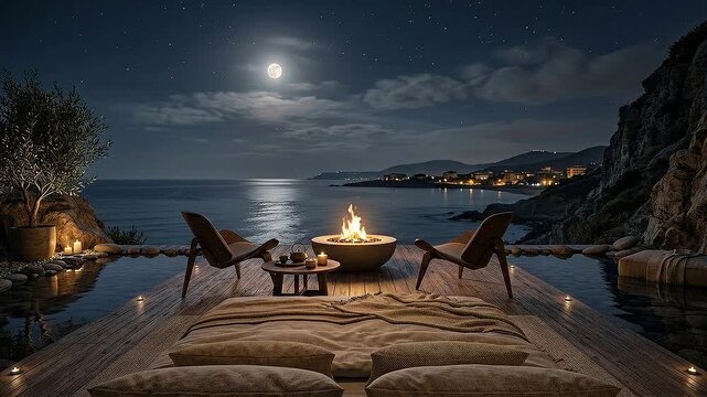 Cozy Modern Beachfront Lounge at Night with Full Moon &ndash; Relaxing Ambient Loop
