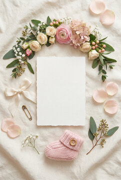 Blank card mockup for baby announcement with pink knitted bootie floral arch petals ribbon and safety pin for baby shower invitation design