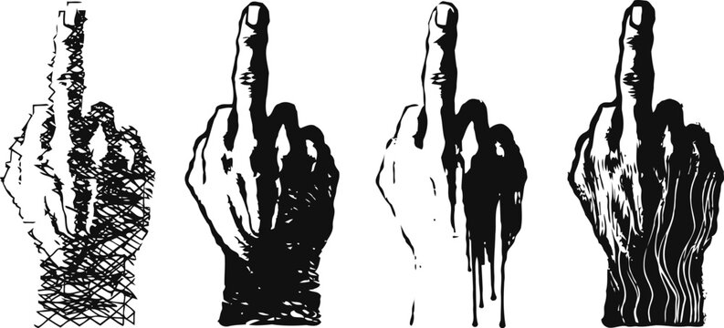 middle finger gesture in ink set hand sketch variations showing offensive sign, rude expression concept