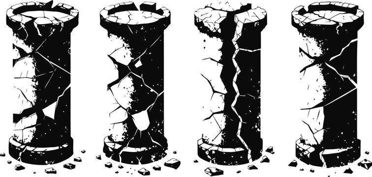 Four cracked stone pillars in different fracture patterns isolated on white background