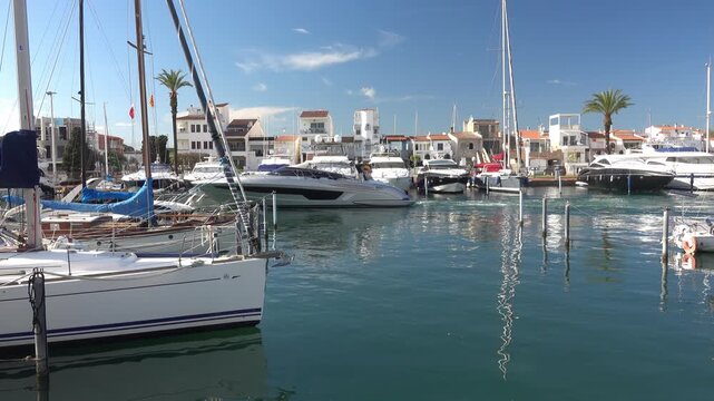 Boats and yachts are in a marina with clear water. Empuriabrava, Spain