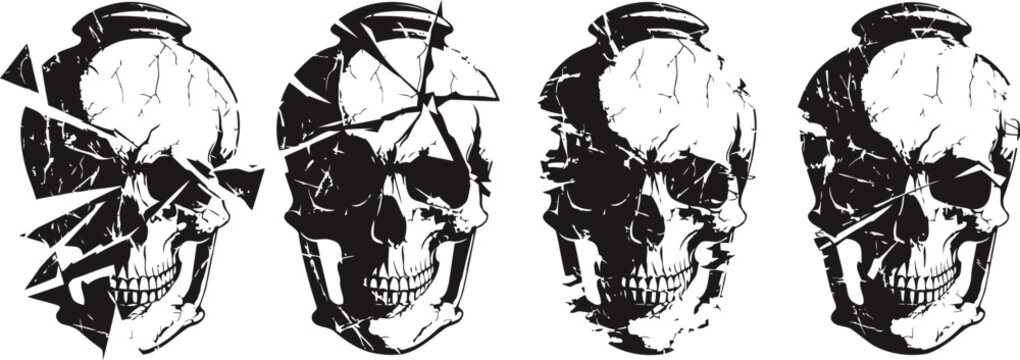 sequential illustration of a fragmented human skull breaking and reassembling concept art