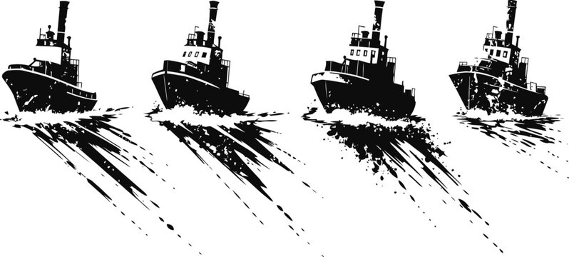 black silhouette tugboats moving forward in water with dynamic splash trails