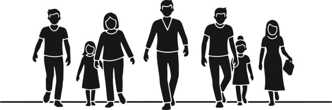Group of diverse people walking together in silhouette.