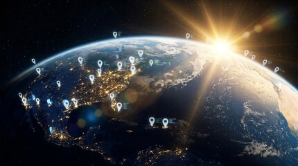 Obraz premium Global connectivity and tracking concept featuring earth globe from space at dawn with numerous digital location markers and data pins over the continents