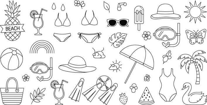 Black outline summer beach vacation doodle collection featuring bikini pineapple umbrella sunglasses snorkel palm tree and swimsuit vector illustration set