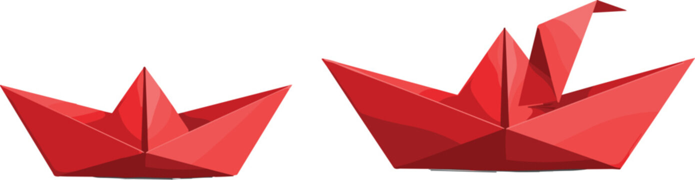 Low Poly Red Origami Boats Vector Set with Geometric Paper Ships for Creative Design, Minimal Illustration, Maritime Theme, and Modern Decorative Elements