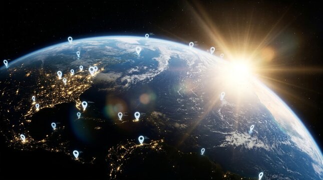 Earth planet sunrise from space with digital glowing location map pin icons across North America symbolizing global positioning system and worldwide connection
