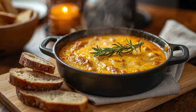 A cozy dining scene featuring a steaming Tartiflette, garnished with rosemary, with crusty bread slices on a wooden board.