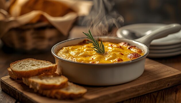 A cozy dining scene featuring a steaming Tartiflette, garnished with rosemary, with crusty bread slices on a wooden board.