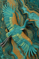 Fototapeta premium Sculptural Crane against a background of gold and turquoise swirls. Turquoise velvet background. Luxurious 3D sculptural relief