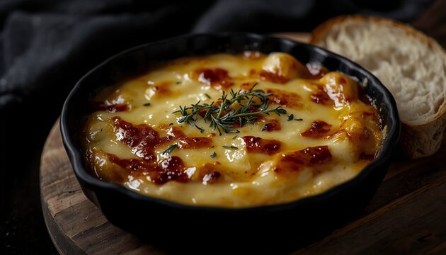 Dark moody food photography of Tartiflette with glossy melted cheese, subtle garnish, and crusty bread on the side.