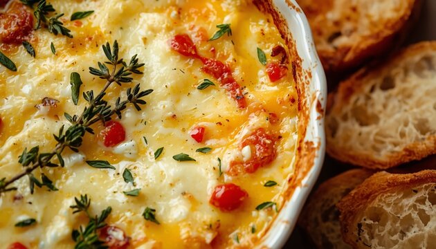 Close-up of a creamy Tartiflette with golden bubbling cheese, garnished with thyme, alongside toasted crusty bread.
