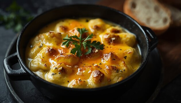 Dark moody food photography of Tartiflette with glossy melted cheese, subtle garnish, and crusty bread on the side.