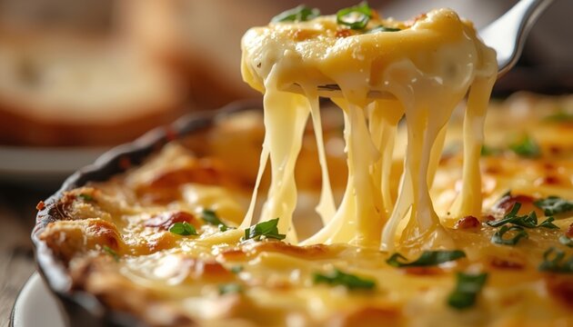 Macro shot of Tartiflette showing creamy texture and cheese stretch, with blurred crusty bread in the background.