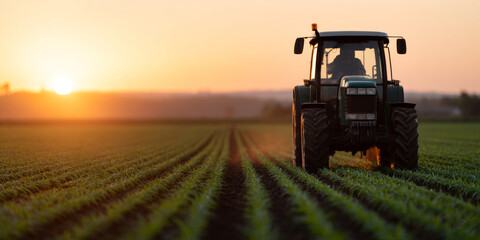 Obraz premium Tractor working on farm field at sunset
