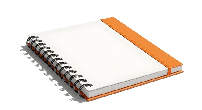 Closed orange spiral notebook with an elastic band on a white background
