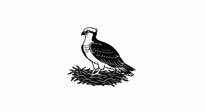 Black and white illustration of an osprey bird standing in a nest