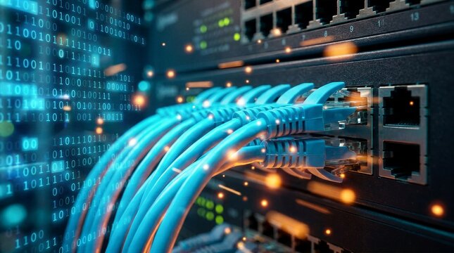 Close up of network ethernet cables plugged into switch with glowing orange data sparks and digital binary code for cybersecurity and IT infrastructure